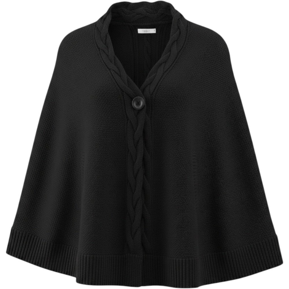 UGG Australia Womens Black Cable Knit Button Front Poncho Cape Sweater XL